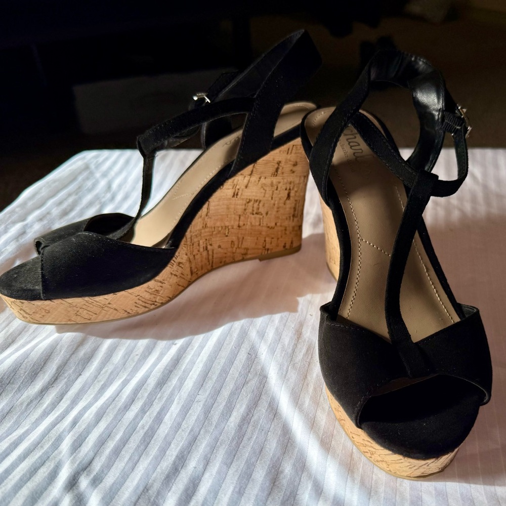 Charles By Charles David Black and Tan Wedge Sandals